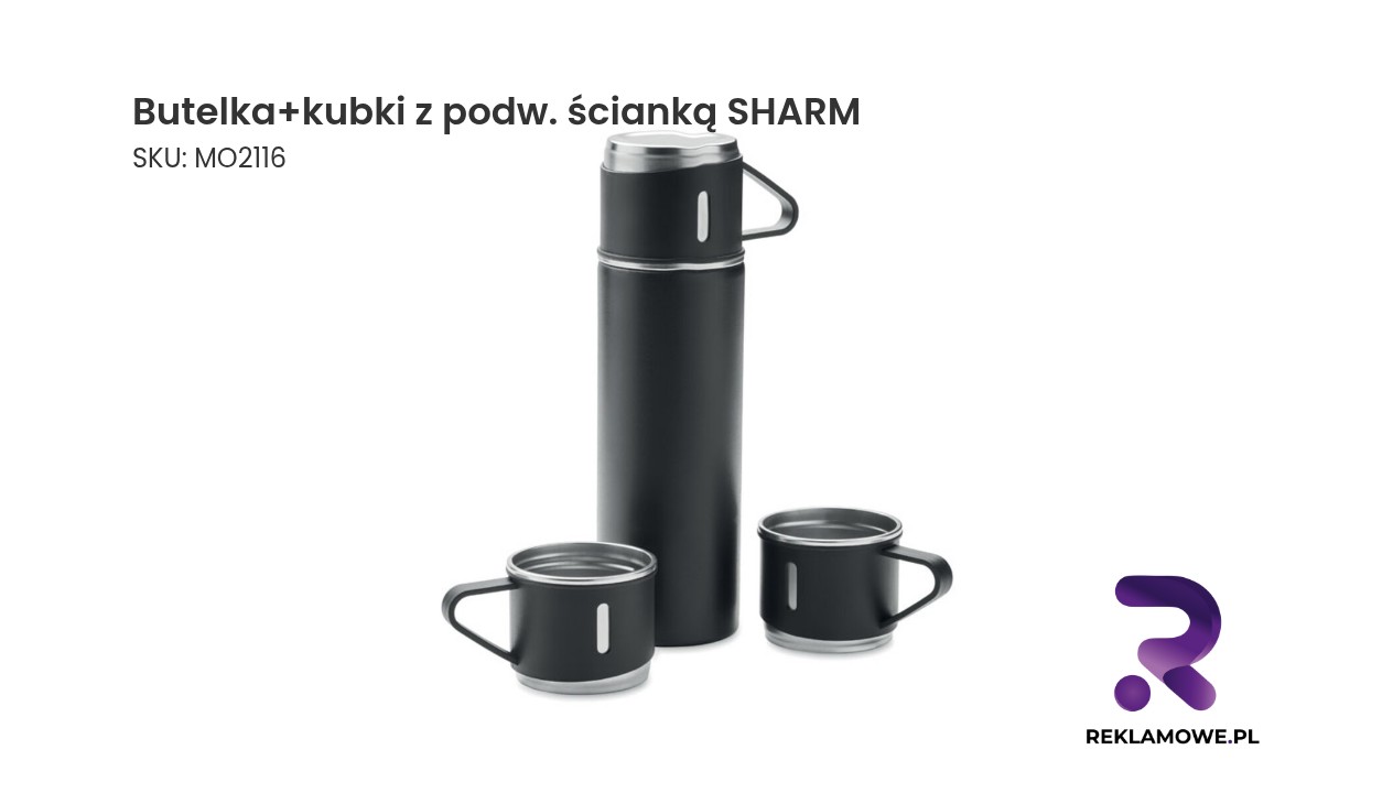 Butelka+kubki z podw. ścianką SHARM Butelka i kubki z podwójną ścianką SHARM – elegancki zestaw termiczny