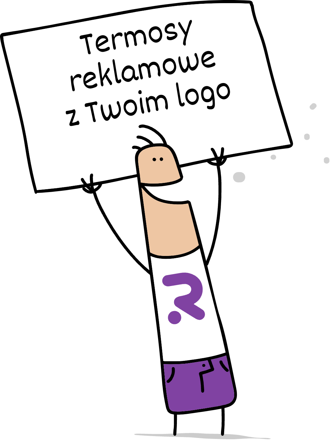 Buddy trzymający napis termosy reklamowe z Twoim logo